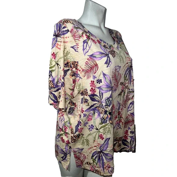 Chico's Top XL (3) Tropical Floral Elbow Sleeve Tee Sunset Peach Purple - Picture 3 of 6